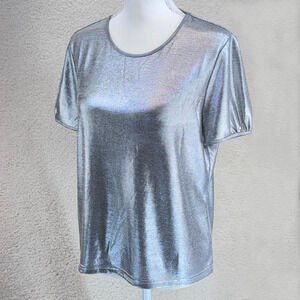 Ralph Lauren Women Silver Metallic T Shirt Short Sleeve Crew Neck Disco Party